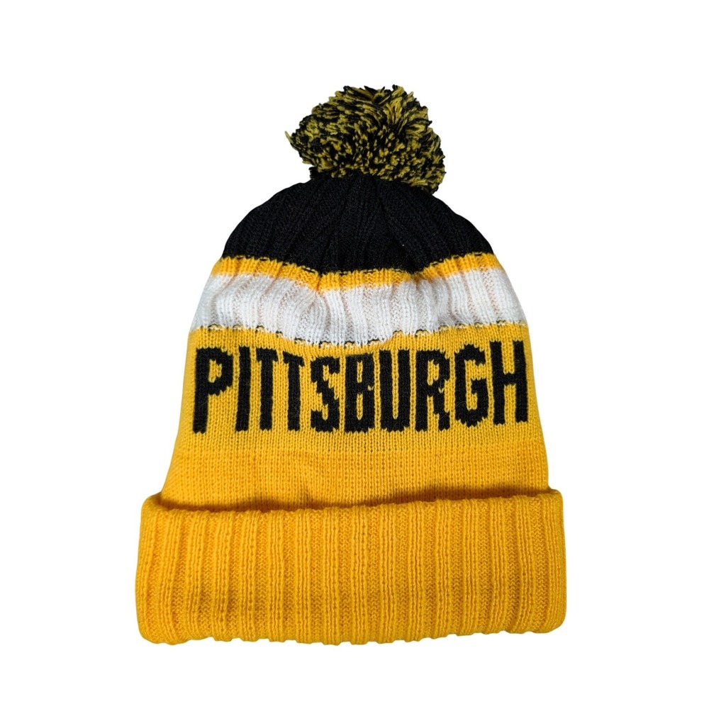 Unbranded Pittsburgh Knit Beanie Unisex OS Yellow Black Striped Pom Excellent
